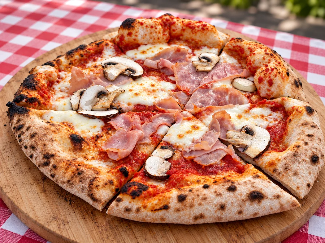 Frisch gebackene Pizza mit Schinken und Champignons auf dem Holzbrett